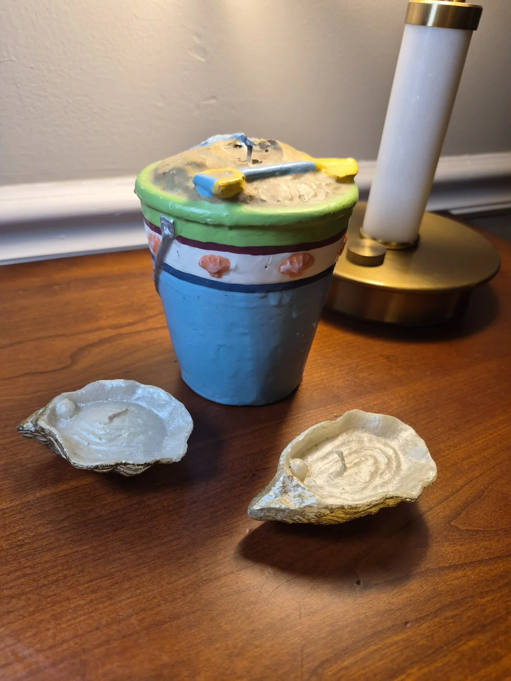 Coastal Starfish Candle Jar in Blue, Green and Yellow And Two Oysters